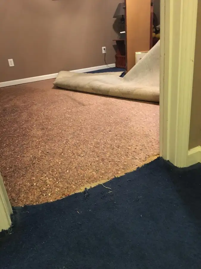 Carpet pad removal revealing water damage during Water Mitigation Services in Chillicothe